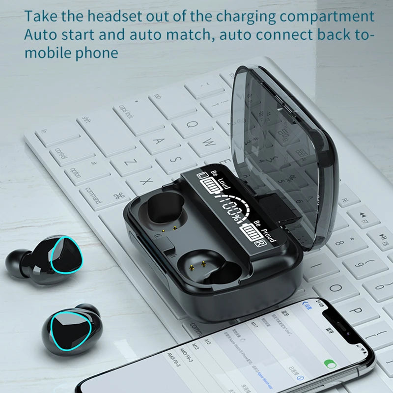 TWS M10 Pro Wireless Earbuds – Deep Bass Bluetooth Headset with Noise-Cancelling Mic & LED Power Display