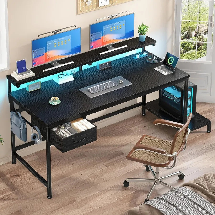 39.3” Pro Series Adjustable Gaming Desk – Height-Adjustable Workstation with Built-In Power Outlet & Dynamic LED Ambient Lighting