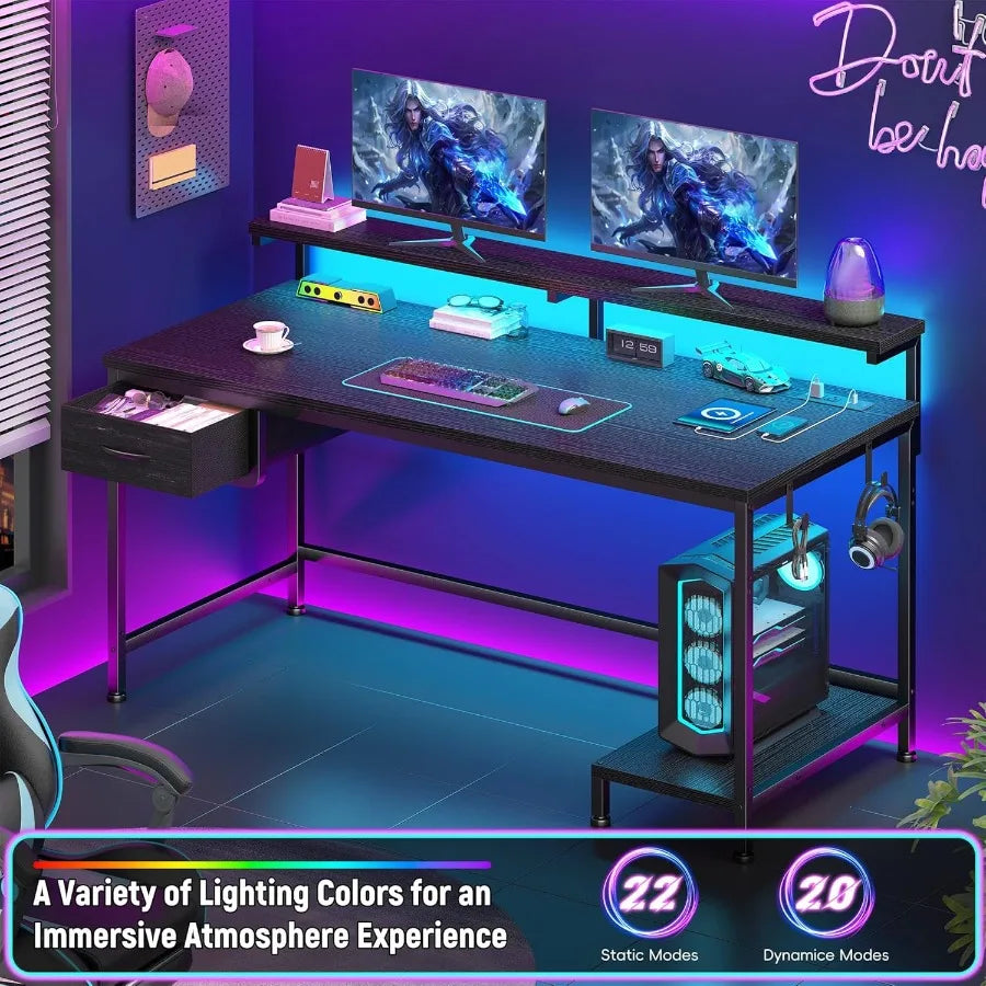 39.3” Pro Series Adjustable Gaming Desk – Height-Adjustable Workstation with Built-In Power Outlet & Dynamic LED Ambient Lighting