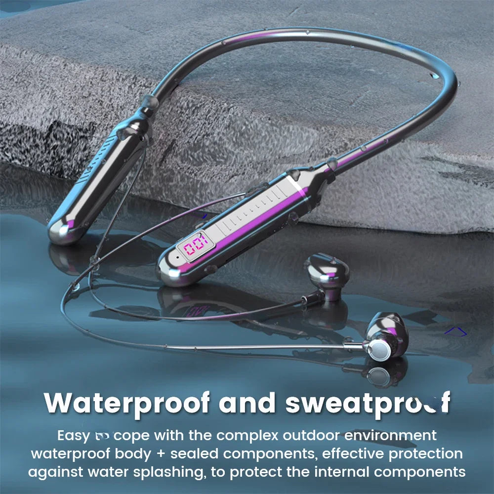 Wireless 5.3 Neckband Earphones – Gaming LED Display, Magnetic Waterproof Sports Headset