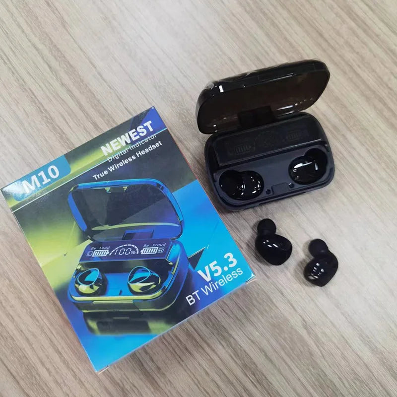 TWS M10 Pro Wireless Earbuds – Deep Bass Bluetooth Headset with Noise-Cancelling Mic & LED Power Display