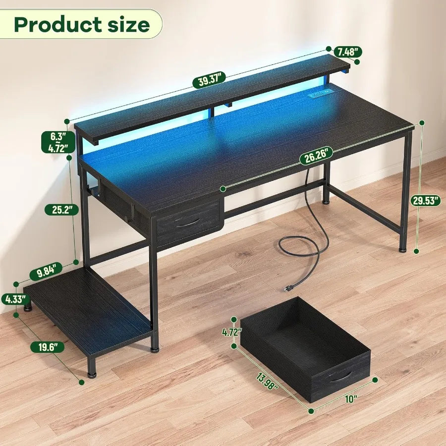 39.3” Pro Series Adjustable Gaming Desk – Height-Adjustable Workstation with Built-In Power Outlet & Dynamic LED Ambient Lighting