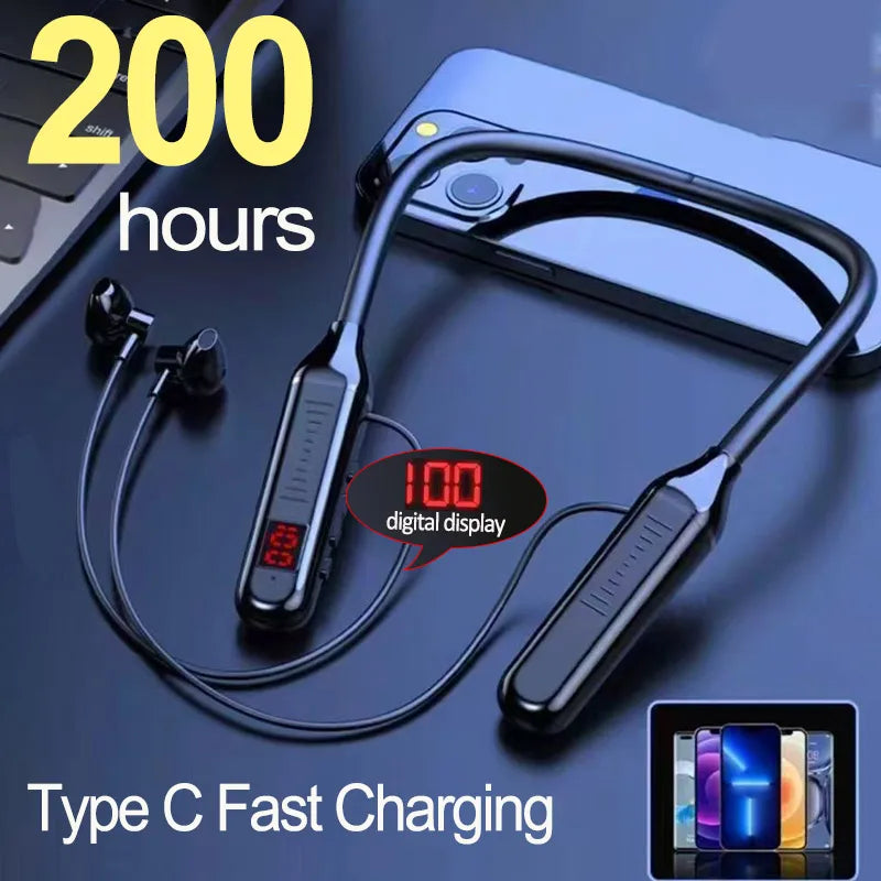 Wireless 5.3 Neckband Earphones – Gaming LED Display, Magnetic Waterproof Sports Headset