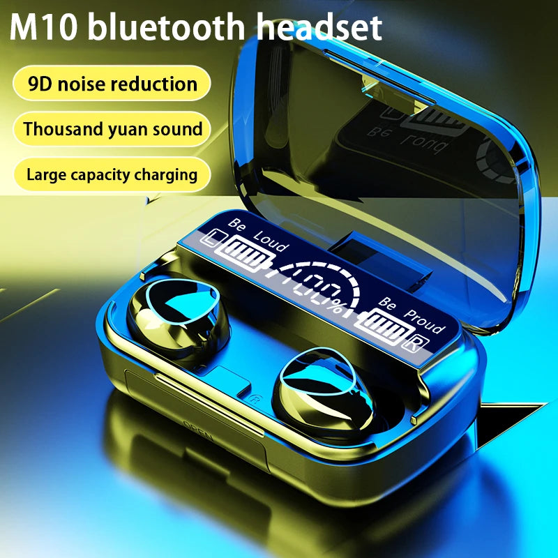 TWS M10 Pro Wireless Earbuds – Deep Bass Bluetooth Headset with Noise-Cancelling Mic & LED Power Display